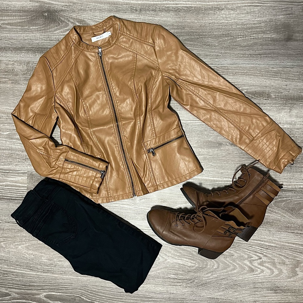 Faux leather tan bomber jacket